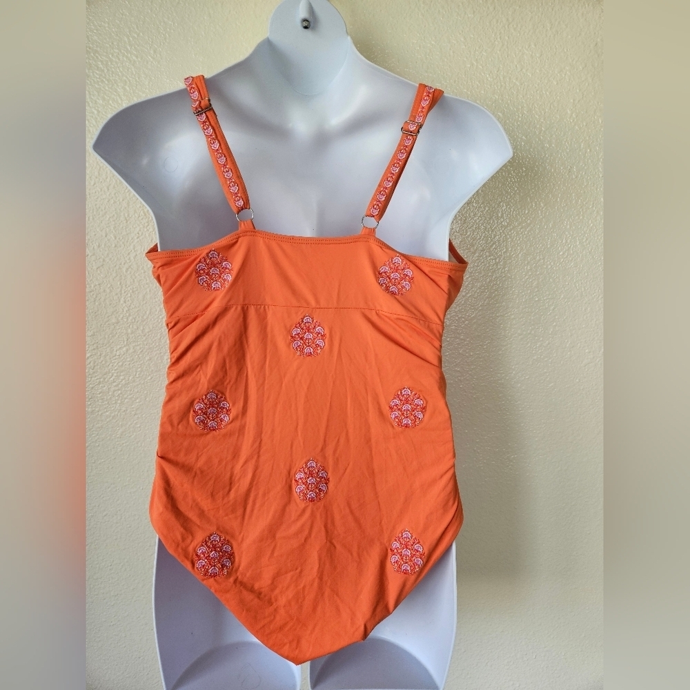 Sundance - Women's XL Orange One-Piece Swimsuit with Pink Floral Embroidery - Picture 3 of 11